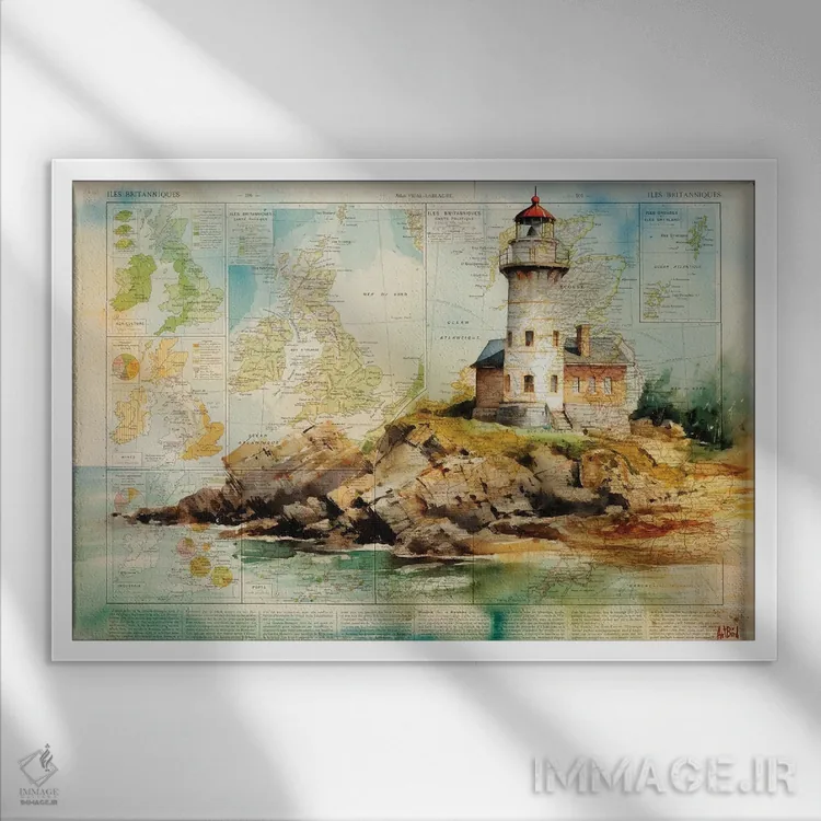 تابلو آبرنگ فانوس دریایی اثر استودیو آرت برد (استودیو هنری) - نمای قابدار سفید