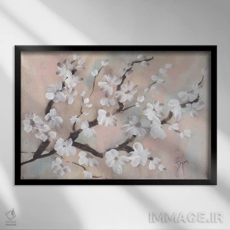 تابلو شاخه شکوفهٔ درخت اثر بیورلی دایر - نمای قابدار مشکی