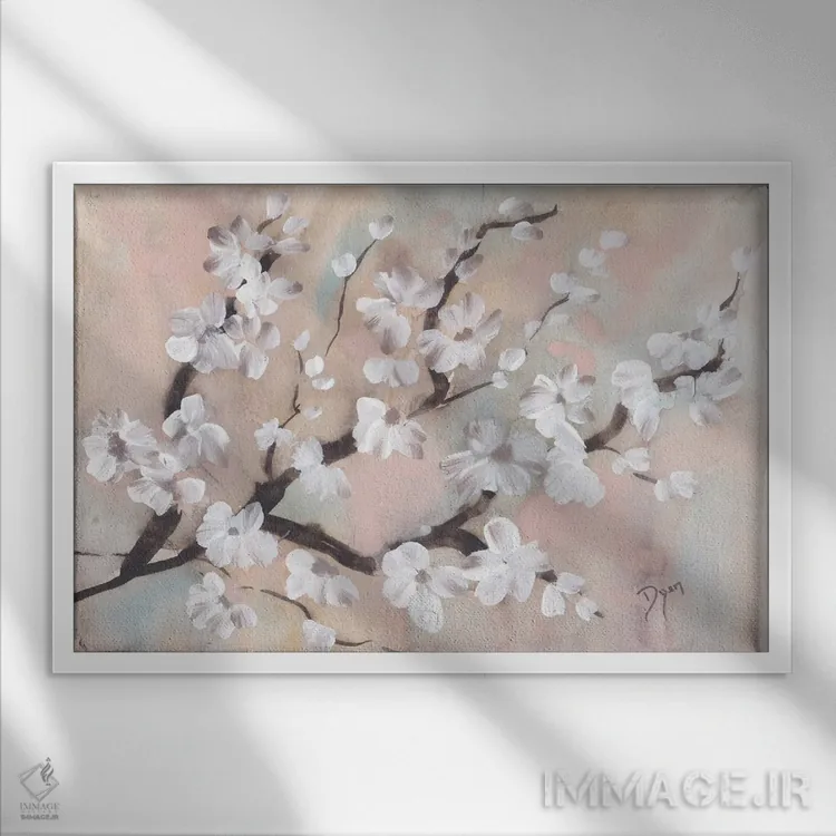 تابلو شاخه شکوفهٔ درخت اثر بیورلی دایر - نمای قابدار سفید