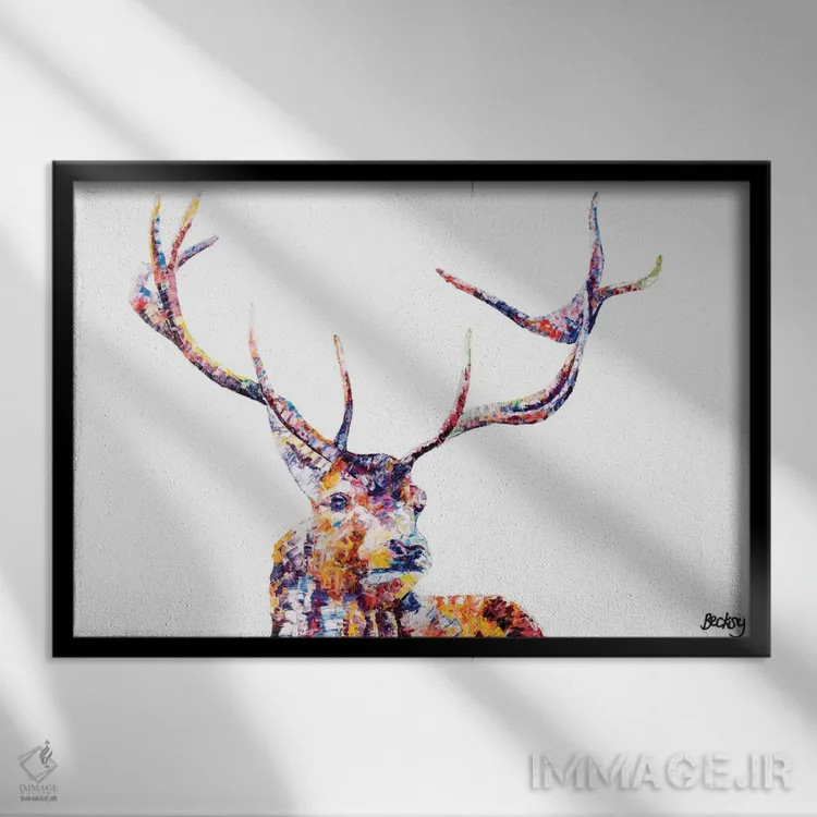تابلو گوزن قرمز نر اثر بکسی - نمای قابدار مشکی