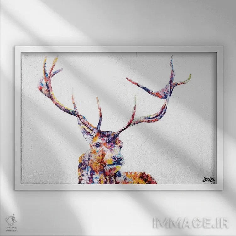 تابلو گوزن قرمز نر اثر بکسی - نمای قابدار سفید