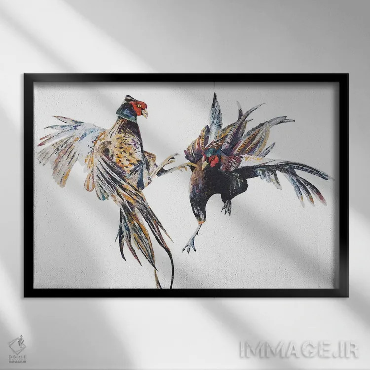 تابلو قرقاولهای نر مبارز اثر بکسی - نمای قابدار مشکی