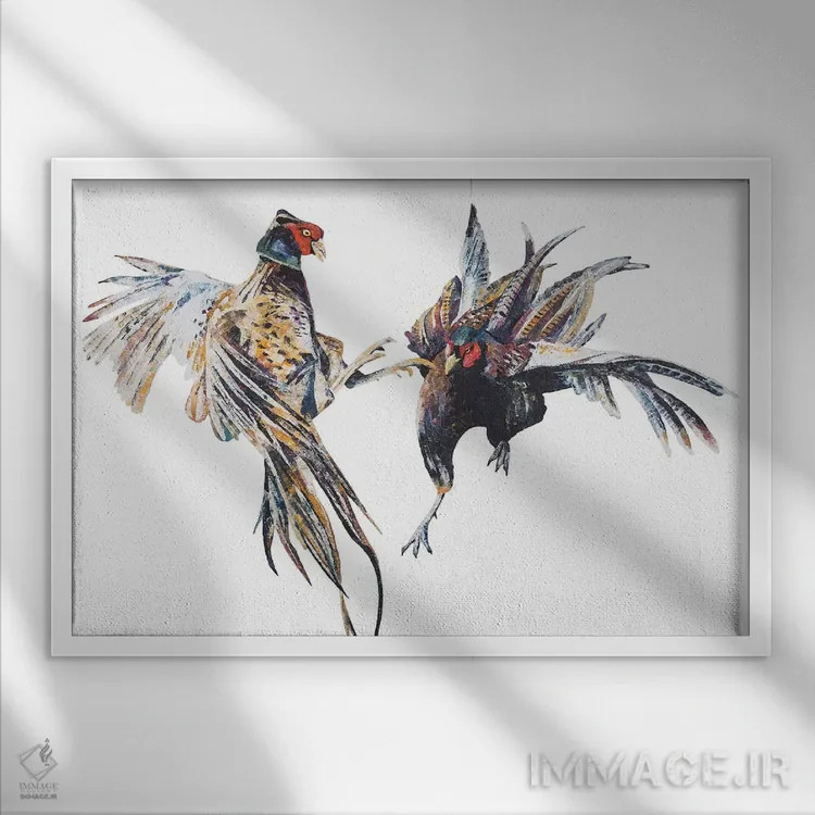 تابلو قرقاولهای نر مبارز اثر بکسی - نمای قابدار سفید