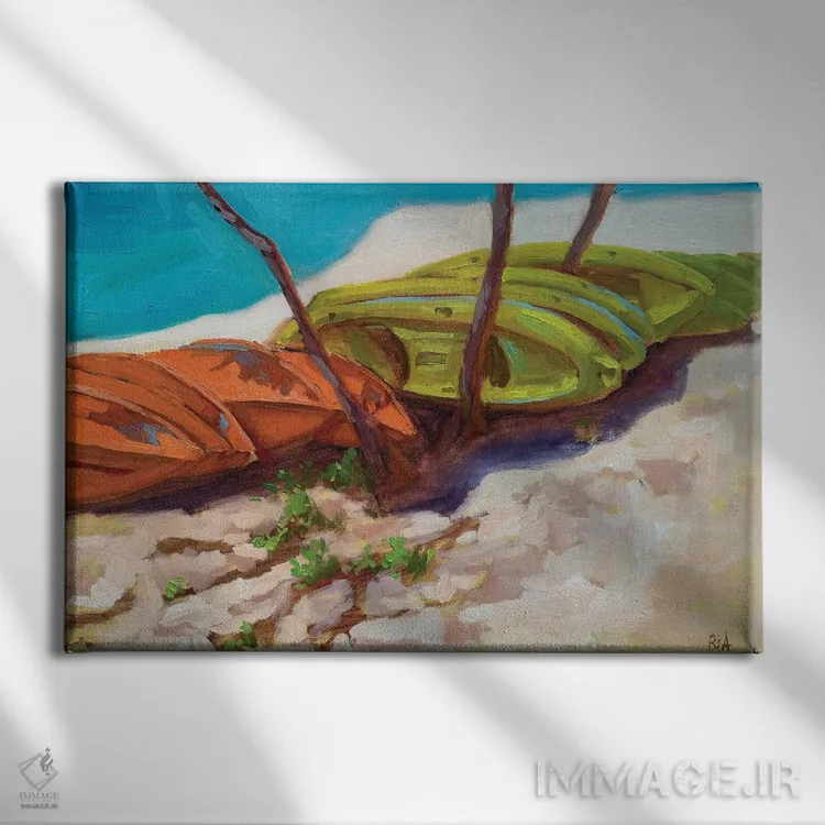 تابلو قایقهای زرد، ساحل سنتوسا اثر آنا بوگوشفسکایا - نمای روبهرو روی دیوار