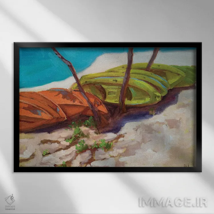 تابلو قایقهای زرد، ساحل سنتوسا اثر آنا بوگوشفسکایا - نمای قابدار مشکی