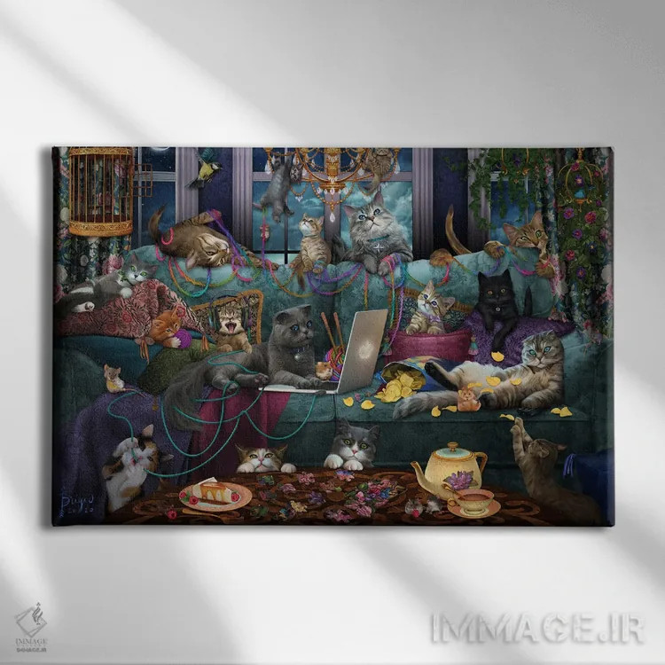 تابلو گربههای قرنطینه اثر بریگید اشوود - نمای روبهرو روی دیوار