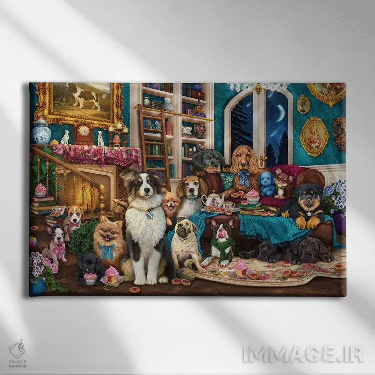 تابلو سگها در کتابخانه اثر بریگید اشوود - نمای روبهرو روی دیوار