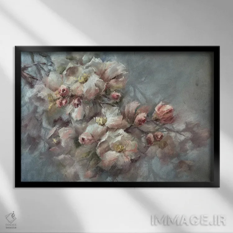 تابلو برنج سیب صورتی (احتمالاً منظور "شاخه سیب صورتی") اثر آنا بوگوشفسکایا - نمای قابدار مشکی