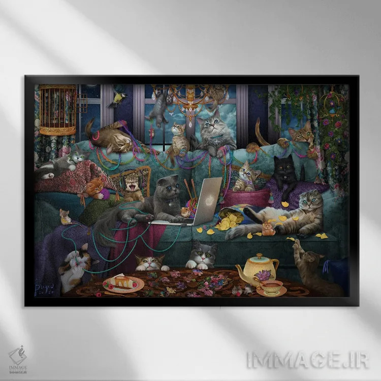 تابلو گربههای قرنطینه اثر بریگید اشوود - نمای قابدار مشکی