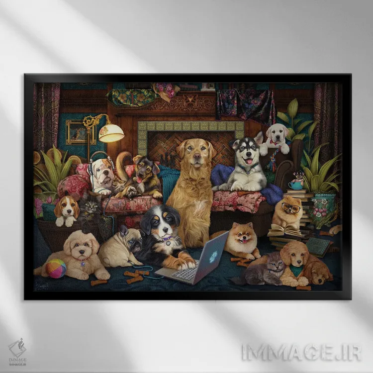 تابلو واق واق کردن از خانه (سگها) اثر بریگید اشوود - نمای قابدار مشکی