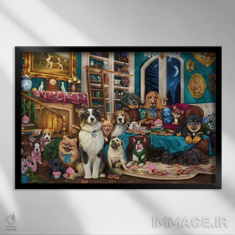 تابلو سگها در کتابخانه اثر بریگید اشوود - نمای قابدار مشکی