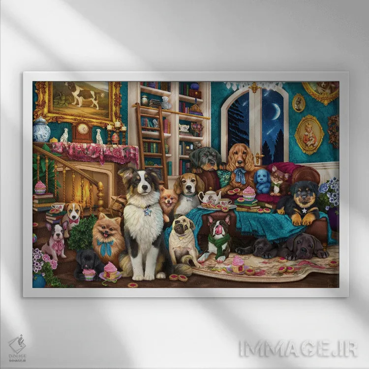 تابلو سگها در کتابخانه اثر بریگید اشوود - نمای قابدار سفید