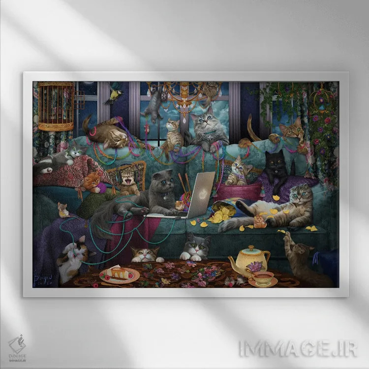 تابلو گربههای قرنطینه اثر بریگید اشوود - نمای قابدار سفید