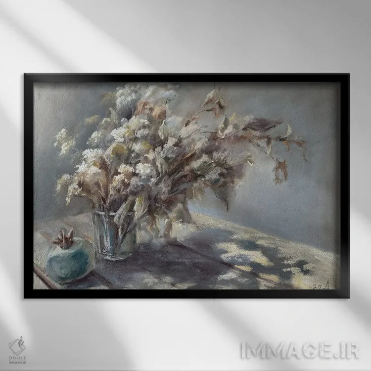 تابلو گلهای خشک با منظره انار اثر آنا بوگوشفسکایا - نمای قابدار مشکی