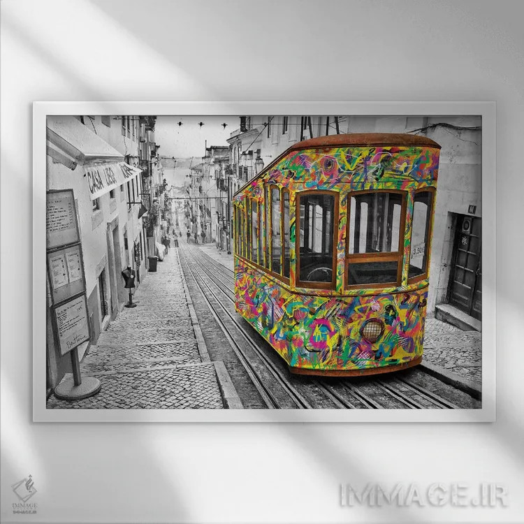 تابلو ترام لیسبون (پرتغال) اثر بن هاین (هنرمند بلژیکی) - نمای قابدار سفید