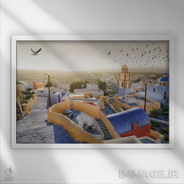 تابلو سانتورینی ۱ (یونان) اثر بن هاین (هنرمند بلژیکی) - نمای قابدار سفید