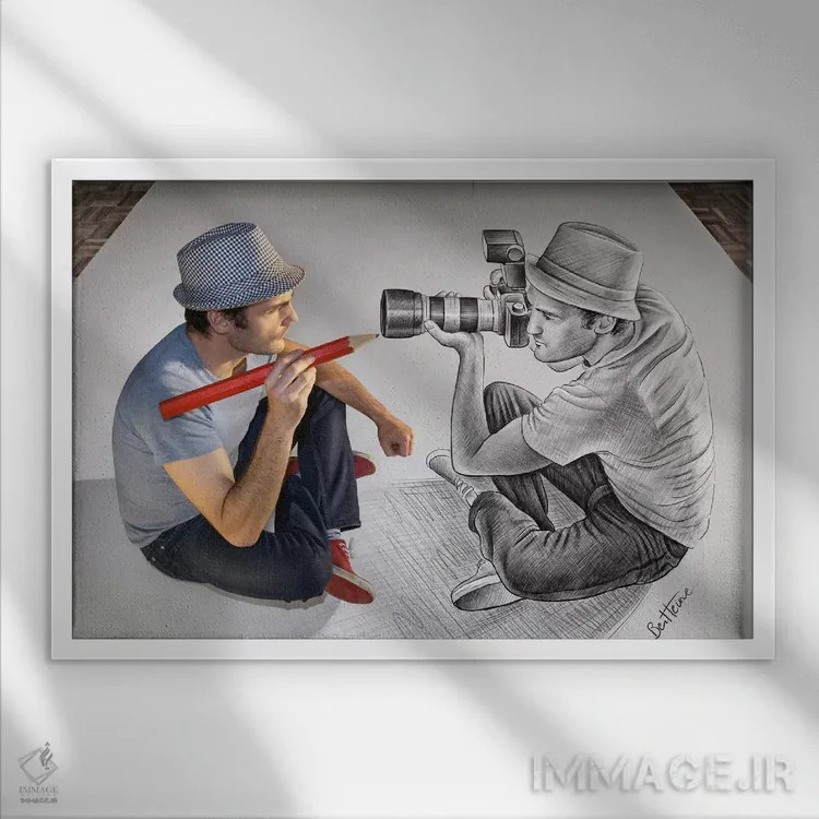 تابلو مداد در برابر دوربین ۷۳ اثر بن هاین (هنرمند بلژیکی) - نمای قابدار سفید