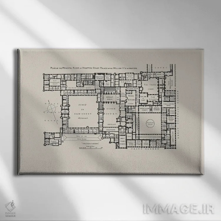 تابلو نقشه طبقه کاخ همپتون کورت اثر بیبلیوتوگرافی - نمای روبهرو روی دیوار
