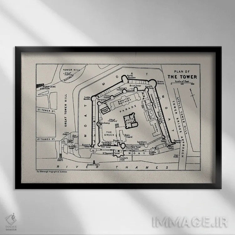 تابلو نقشه طبقه برج لندن اثر بیبلیوتوگرافی - نمای قابدار مشکی