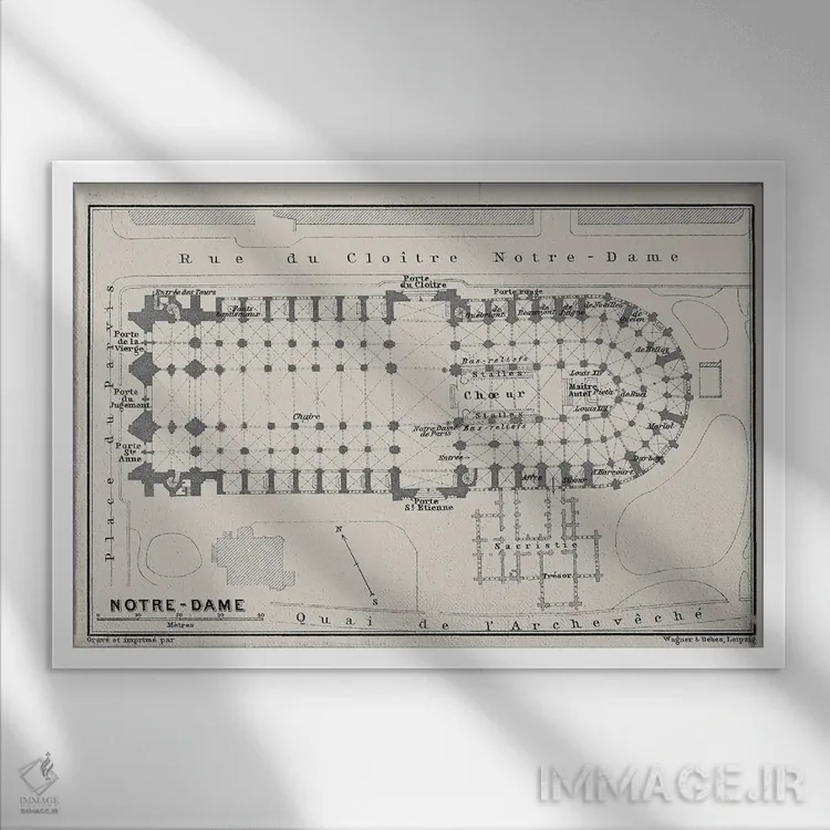 تابلو نقشه طبقه کلیسای نوتردام اثر بیبلیوتوگرافی - نمای قابدار سفید