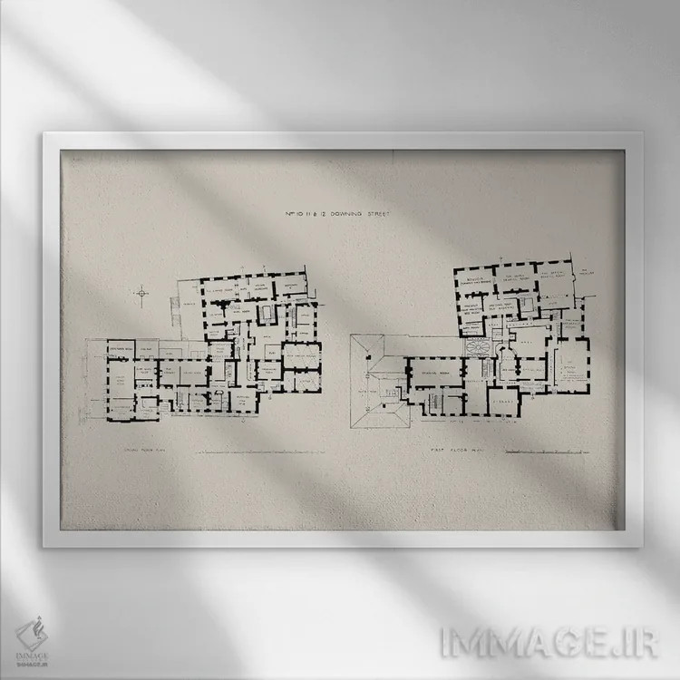 تابلو نقشه طبقه شماره ۱۰ داونینگ استریت اثر بیبلیوتوگرافی - نمای قابدار سفید
