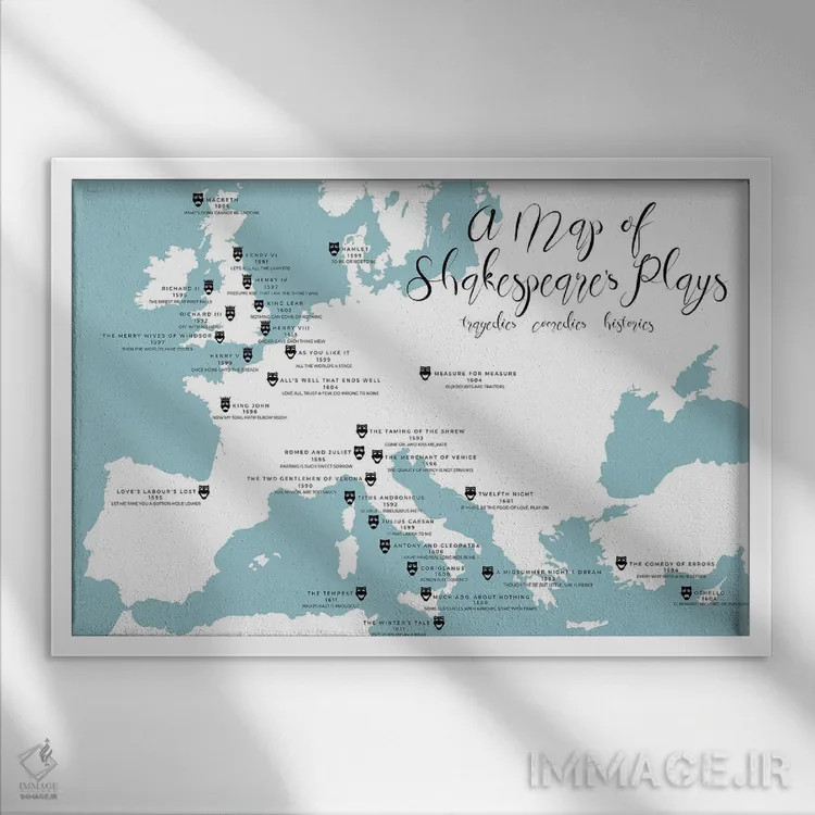 تابلو نقشه نمایشنامههای شکسپیر اثر بیبلیوتوگرافی - نمای قابدار سفید