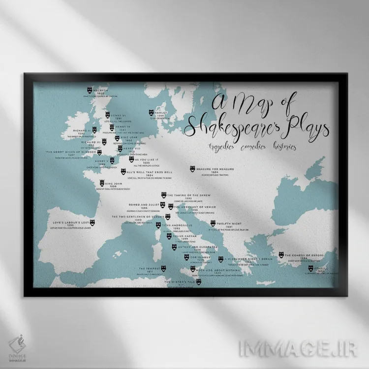 تابلو نقشه نمایشنامههای شکسپیر اثر بیبلیوتوگرافی - نمای قابدار مشکی