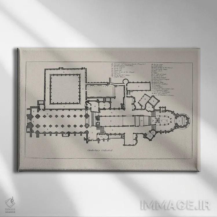 تابلو نقشهٔ طبقات کلیسای جامع کانتربری اثر بیبلیوتوگرافی - نمای روبهرو روی دیوار