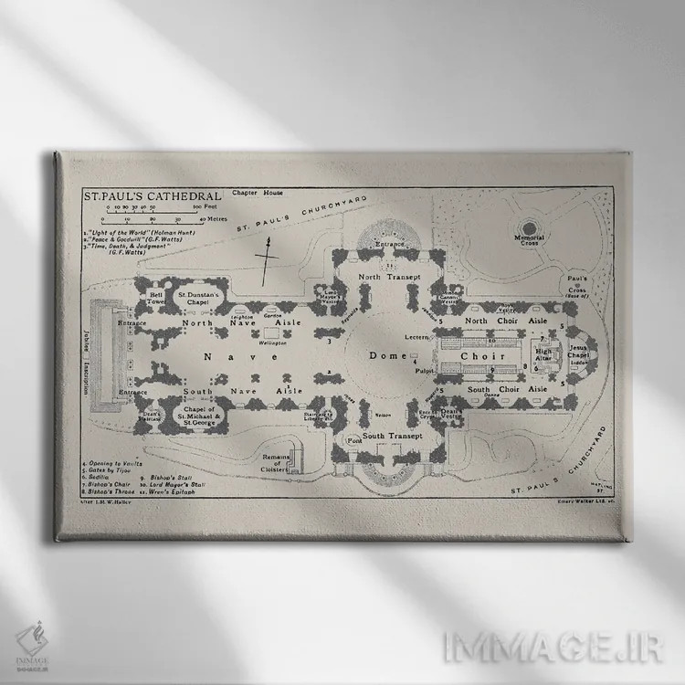 تابلو نقشهٔ طبقات کلیسای جامع سنت پل اثر بیبلیوتوگرافی - نمای روبهرو روی دیوار