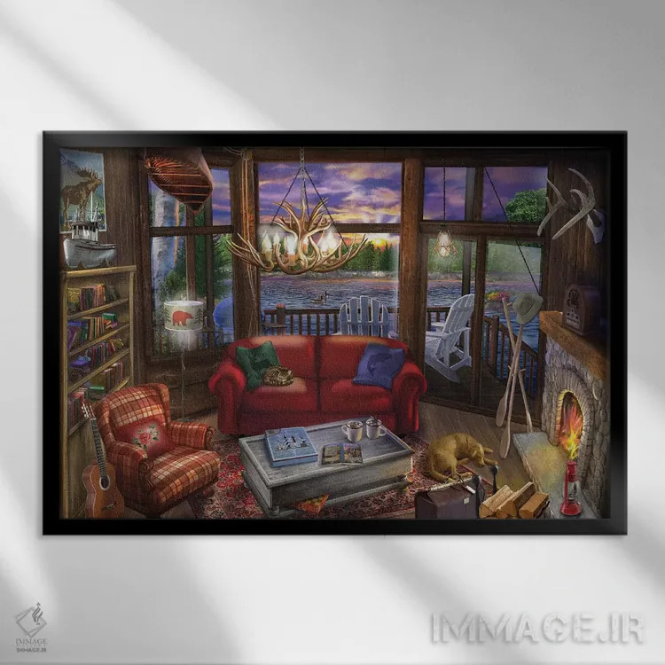 تابلو غروب در کلبه اثر تصویرسازی بیگلو - نمای قابدار مشکی