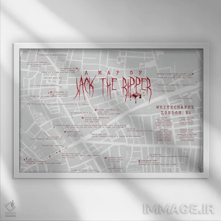 تابلو اینفوگرافیک جک قاتل لندن اثر بیبلیوتوگرافی - نمای قابدار سفید
