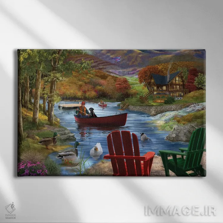 تابلو زندگی کنار دریاچه اثر تصویرسازی بیگلو - نمای روبهرو روی دیوار