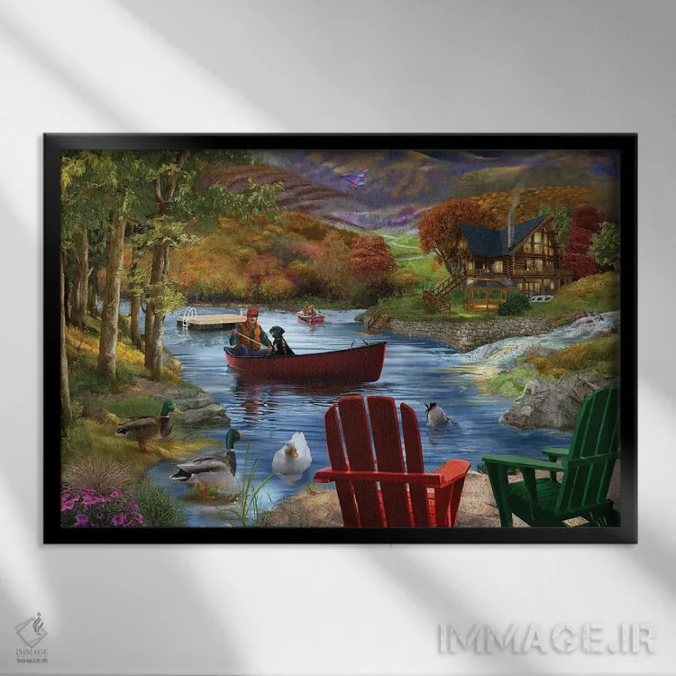 تابلو زندگی کنار دریاچه اثر تصویرسازی بیگلو - نمای قابدار مشکی