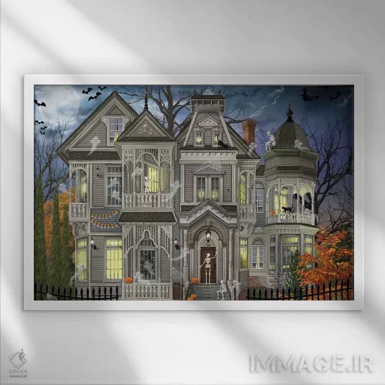 تابلو خانهٔ هالووین اثر تصویرسازی بیگلو - نمای قابدار سفید