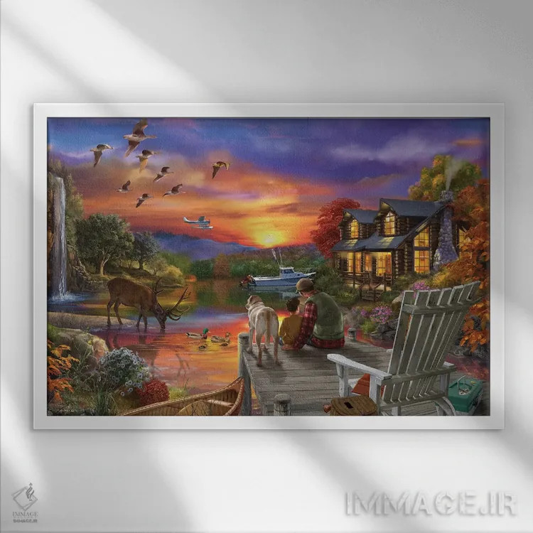 تابلو کلبهٔ غروب آفتاب ۱۱-۲۵ اثر تصویرسازی بیگلو - نمای قابدار سفید