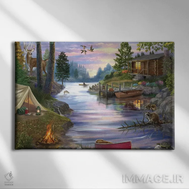 تابلو دریاچهٔ کلبه اثر تصویرسازی بیگلو - نمای روبهرو روی دیوار