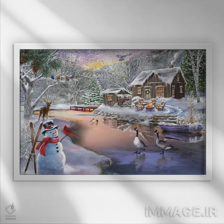 تابلو کلبهٔ زمستانی II اثر تصویرسازی بیگلو - نمای قابدار سفید