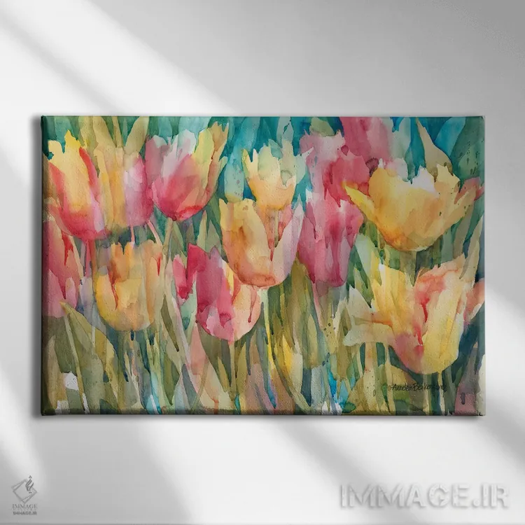 تابلو لالههای پاستلی اثر آنلاین بوکنکمپ - نمای روبهرو روی دیوار