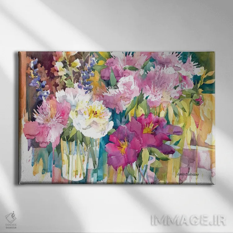 تابلو انبوه گلهای صدتومانی اثر آنلاین بوکنکمپ - نمای روبهرو روی دیوار