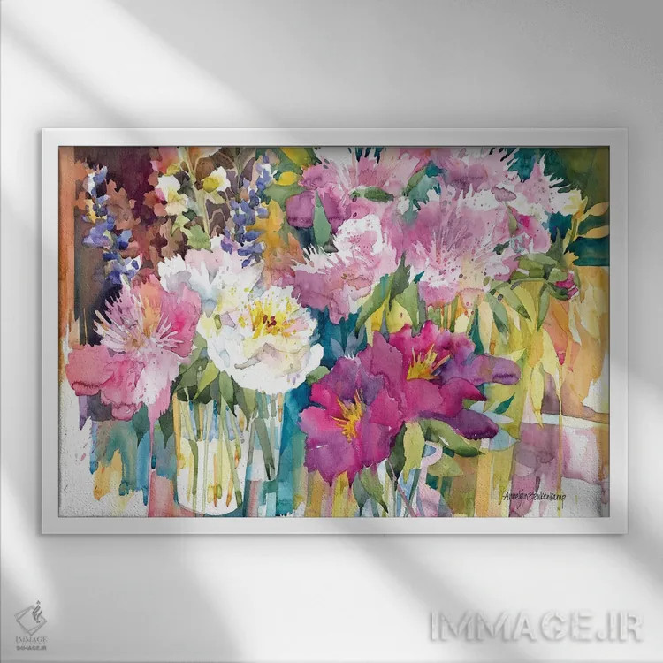 تابلو انبوه گلهای صدتومانی اثر آنلاین بوکنکمپ - نمای قابدار سفید