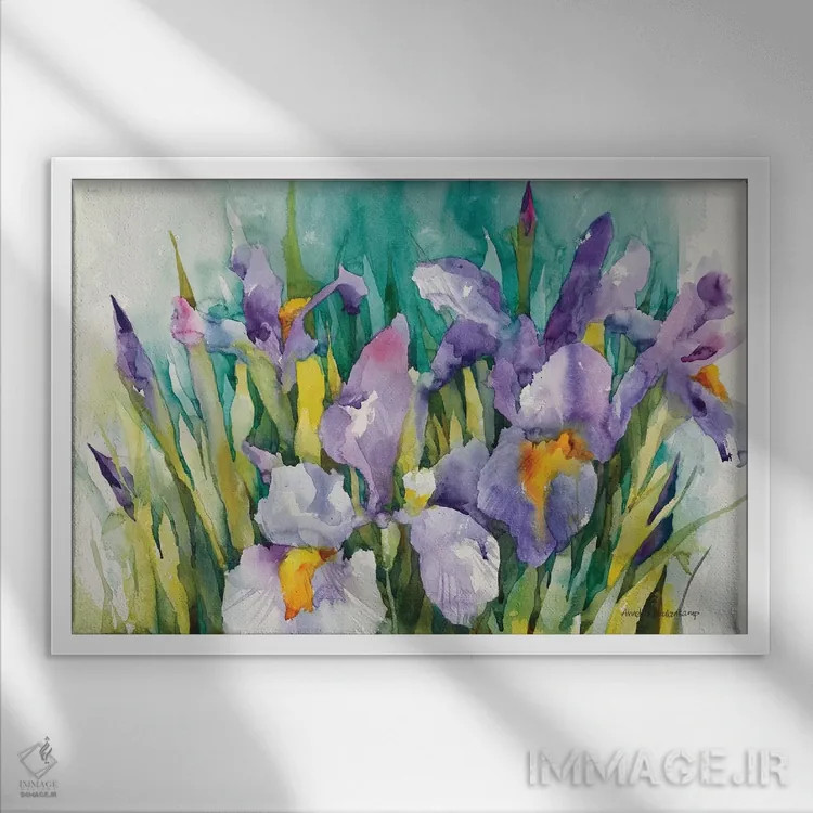 تابلو زنبقهای بنفش اثر آنلاین بوکنکمپ - نمای قابدار سفید