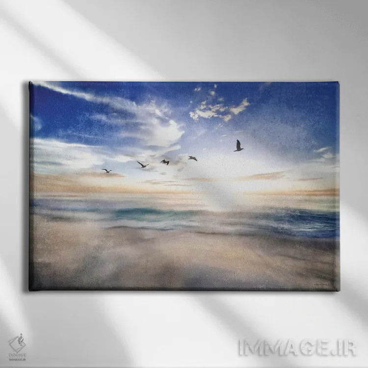 تابلو منظره دریایی با مرغهای دریایی اثر بلوبرد بارن (استودیوی هنری) - نمای روبهرو روی دیوار