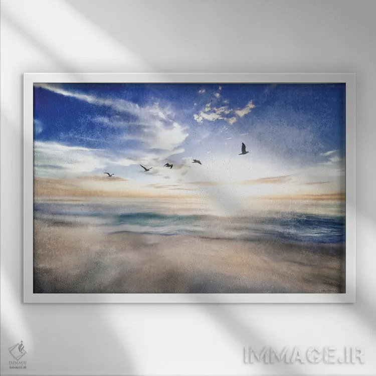 تابلو منظره دریایی با مرغهای دریایی اثر بلوبرد بارن (استودیوی هنری) - نمای قابدار سفید