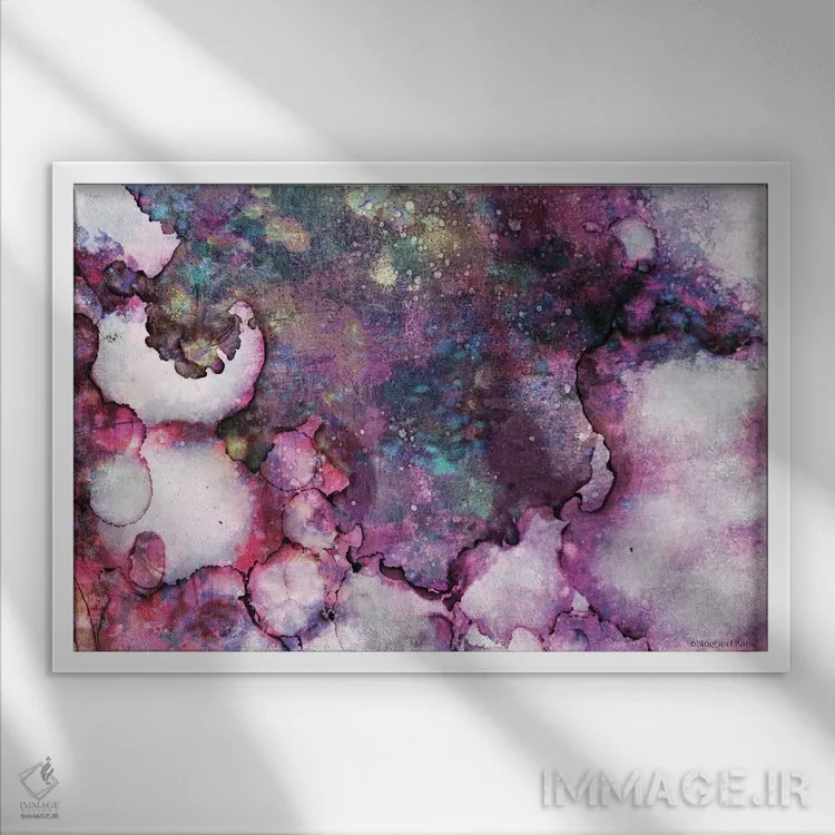 تابلو شستوشوی انتزاعی جوهر بنفش اثر بلوبرد بارن (استودیوی هنری) - نمای قابدار سفید