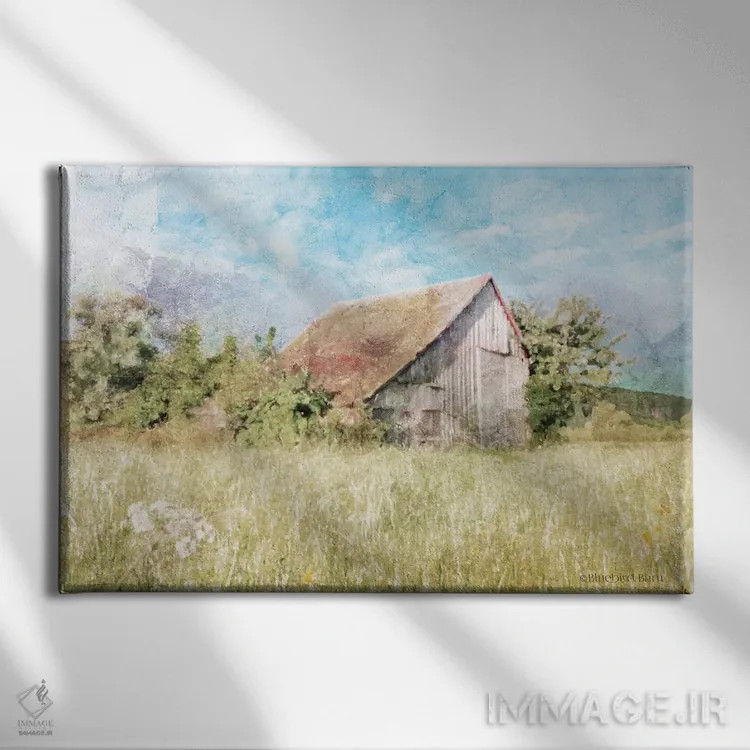 تابلو چمنزار سبز بهاری کنار انبار قدیمی اثر بلوبرد بارن (استودیوی هنری) - نمای روبهرو روی دیوار