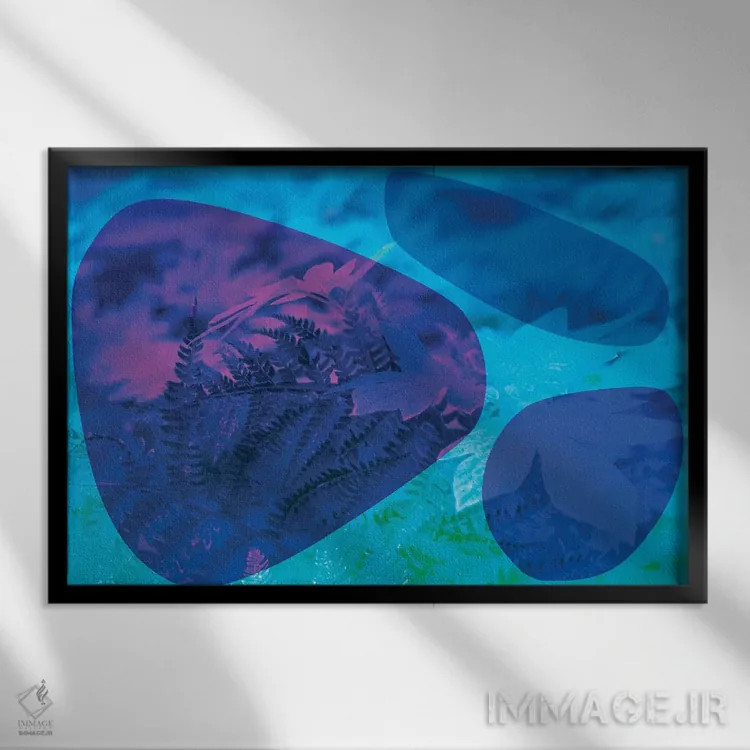 تابلو سنگهای آبی انتزاعی و شاخ و برگ اثر بلی - نمای قابدار مشکی