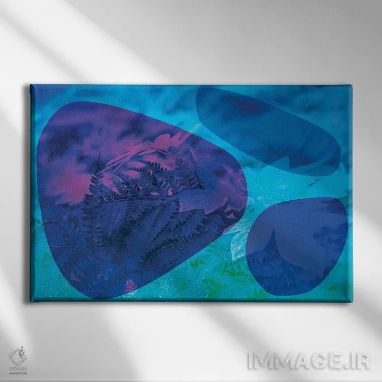 تابلو سنگهای آبی انتزاعی و شاخ و برگ اثر بلی - نمای روبهرو روی دیوار