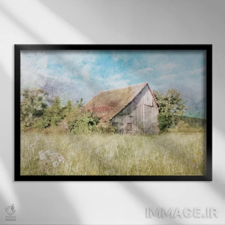 تابلو چمنزار سبز بهاری کنار انبار قدیمی اثر بلوبرد بارن (استودیوی هنری) - نمای قابدار مشکی