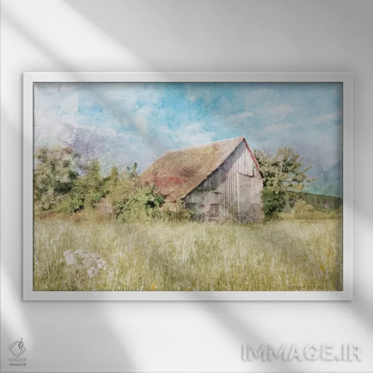 تابلو چمنزار سبز بهاری کنار انبار قدیمی اثر بلوبرد بارن (استودیوی هنری) - نمای قابدار سفید