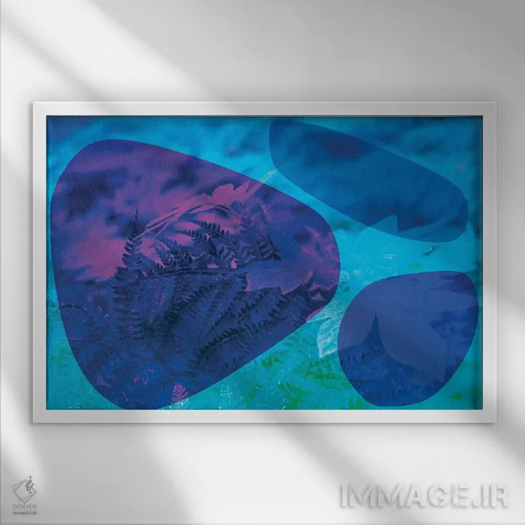 تابلو سنگهای آبی انتزاعی و شاخ و برگ اثر بلی - نمای قابدار سفید